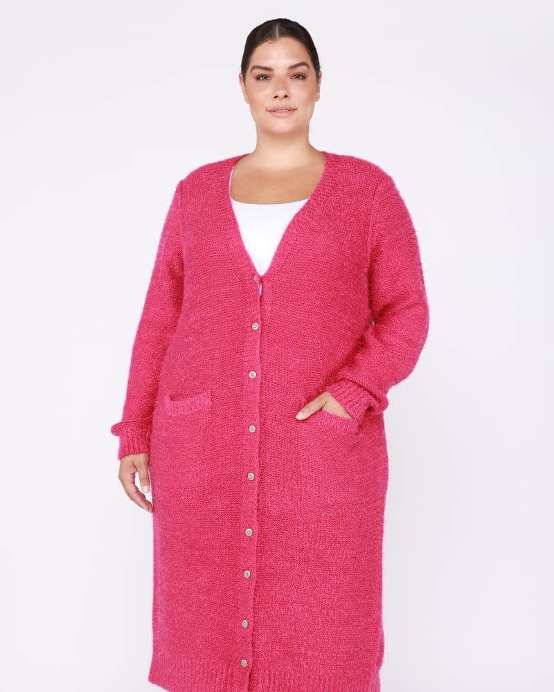 Front of a model wearing a size 0X Layla Patch Pocket Cardigan in Berry Bright by DEX PLUS. | dia_product_style_image_id:239845